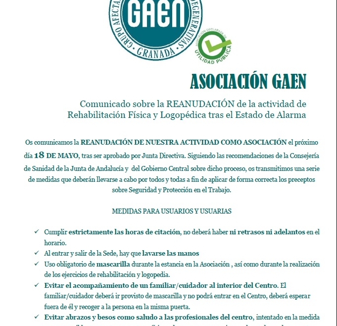 ¡Reanudamos la actividad este Lunes 18 de Mayo tras superar Granada la Fase 1 del confinamiento!